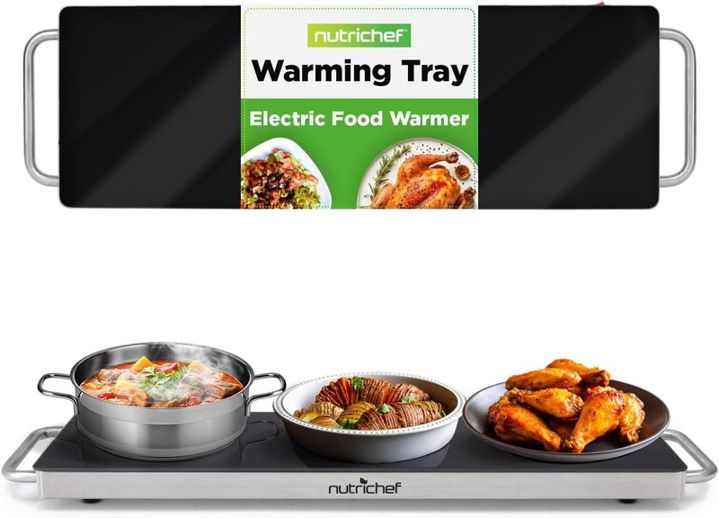 NutriChef Portable Electric Food Hot Plate-Stainless Steel Warming Tray&Dish Warmer with Black Glass Top-Keep Food Warm for Buffets,Restaurants,Parties&Home Dinners-22' x 6'-Heats up to 203°F - Image 1